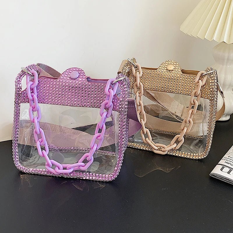 PVC Transparent Shoulder Crossbody Bag Rhinestone Thick Chain Ladies Small Purse and Handbags Fashion Jelly Summer Beach Totes - MAGUSTA BEAUTY