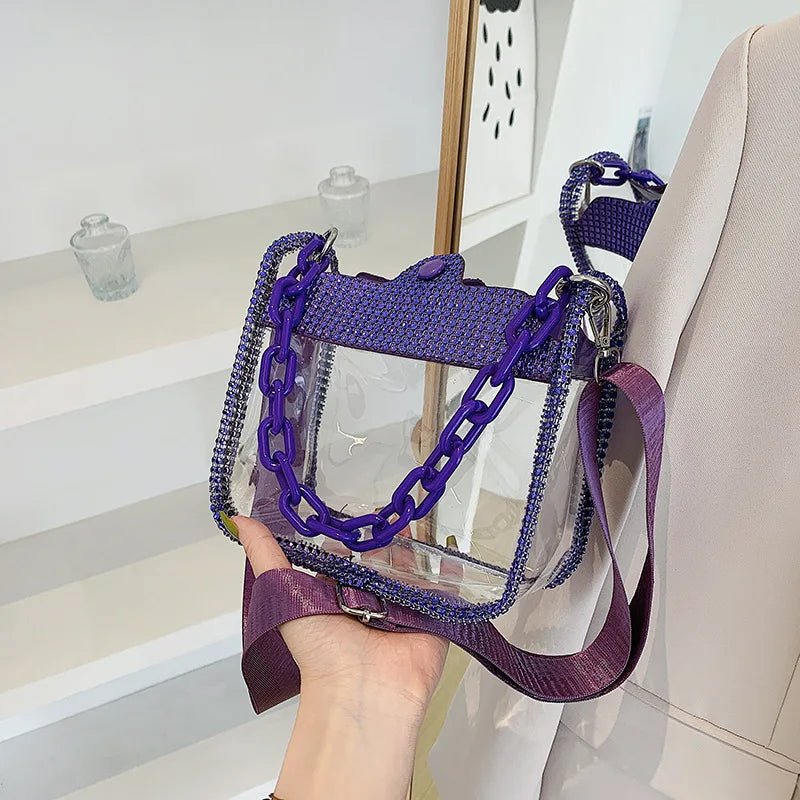 PVC Transparent Shoulder Crossbody Bag Rhinestone Thick Chain Ladies Small Purse and Handbags Fashion Jelly Summer Beach Totes - MAGUSTA BEAUTY