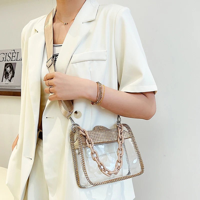 PVC Transparent Shoulder Crossbody Bag Rhinestone Thick Chain Ladies Small Purse and Handbags Fashion Jelly Summer Beach Totes - MAGUSTA BEAUTY