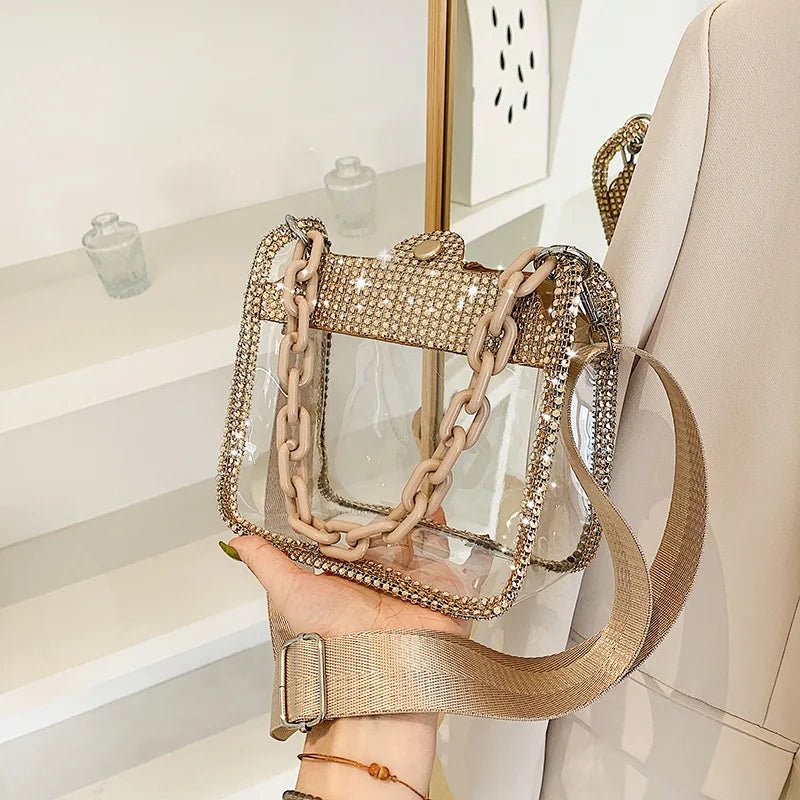 PVC Transparent Shoulder Crossbody Bag Rhinestone Thick Chain Ladies Small Purse and Handbags Fashion Jelly Summer Beach Totes - MAGUSTA BEAUTY
