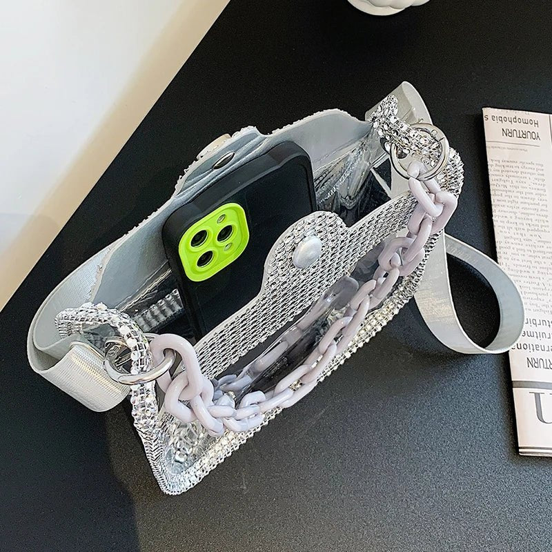 PVC Transparent Shoulder Crossbody Bag Rhinestone Thick Chain Ladies Small Purse and Handbags Fashion Jelly Summer Beach Totes - MAGUSTA BEAUTY