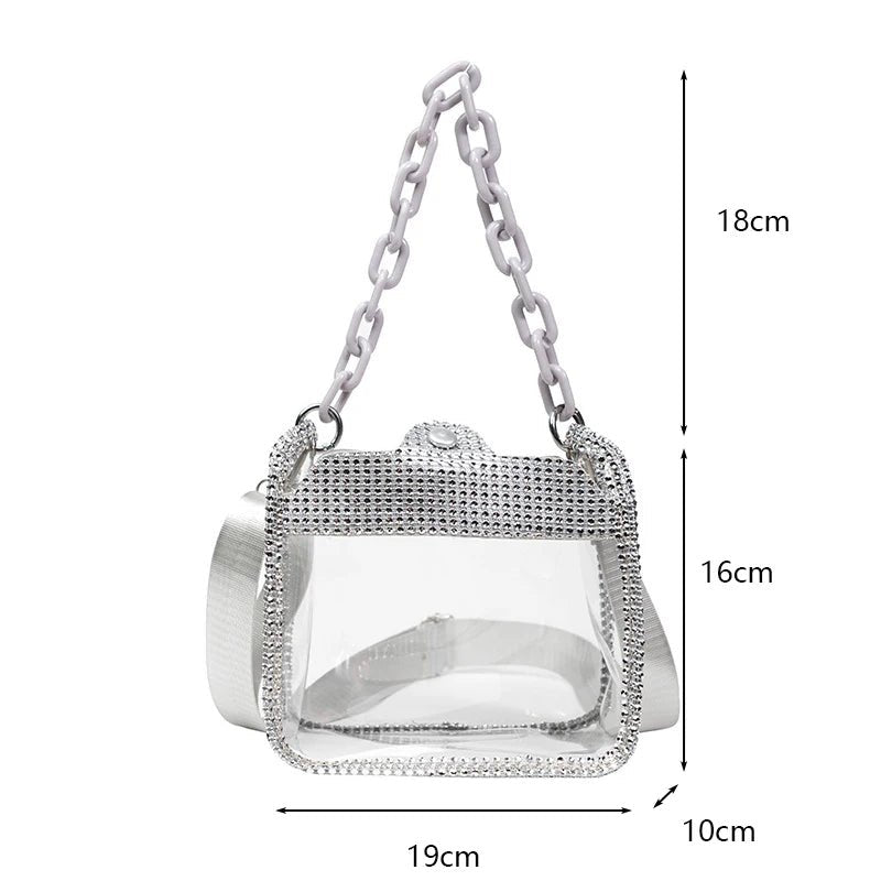 PVC Transparent Shoulder Crossbody Bag Rhinestone Thick Chain Ladies Small Purse and Handbags Fashion Jelly Summer Beach Totes - MAGUSTA BEAUTY