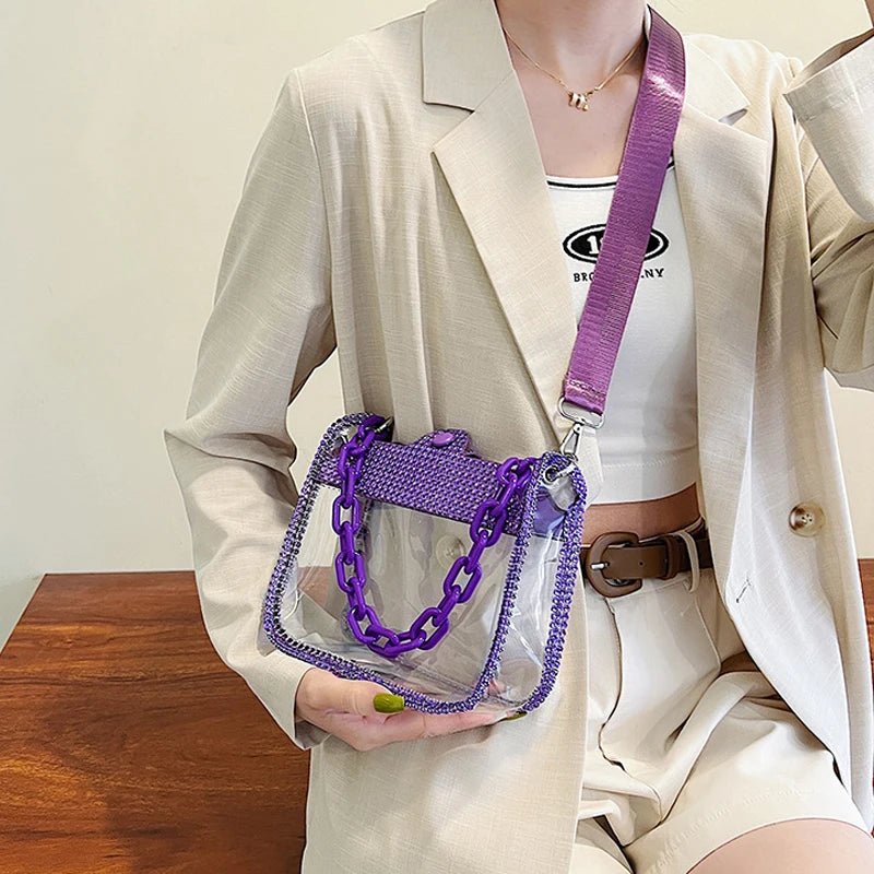 PVC Transparent Shoulder Crossbody Bag Rhinestone Thick Chain Ladies Small Purse and Handbags Fashion Jelly Summer Beach Totes - MAGUSTA BEAUTY