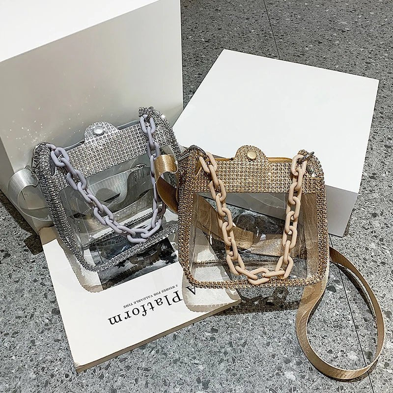 PVC Transparent Shoulder Crossbody Bag Rhinestone Thick Chain Ladies Small Purse and Handbags Fashion Jelly Summer Beach Totes - MAGUSTA BEAUTY