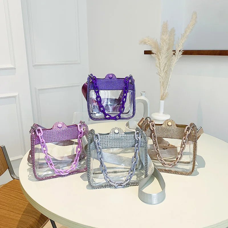 PVC Transparent Shoulder Crossbody Bag Rhinestone Thick Chain Ladies Small Purse and Handbags Fashion Jelly Summer Beach Totes - MAGUSTA BEAUTY