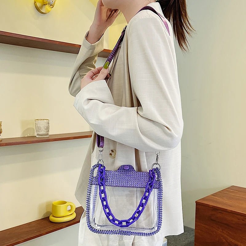 PVC Transparent Shoulder Crossbody Bag Rhinestone Thick Chain Ladies Small Purse and Handbags Fashion Jelly Summer Beach Totes - MAGUSTA BEAUTY