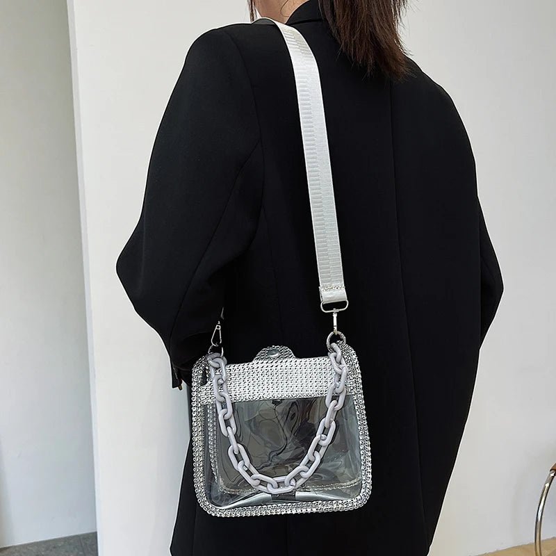 PVC Transparent Shoulder Crossbody Bag Rhinestone Thick Chain Ladies Small Purse and Handbags Fashion Jelly Summer Beach Totes - MAGUSTA BEAUTY
