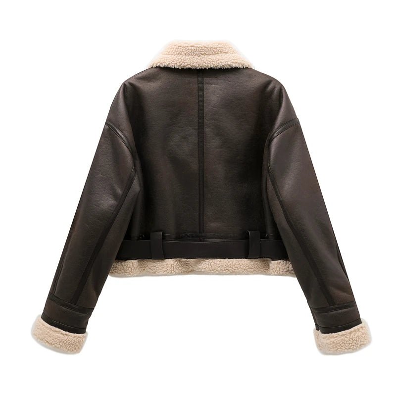 RARF 2024 New Woman's Fashion Thick Warm Faux Shearling Jacket Coat Vintage Long Sleeve Belt Hem Female Outerw - MAGUSTA BEAUTY