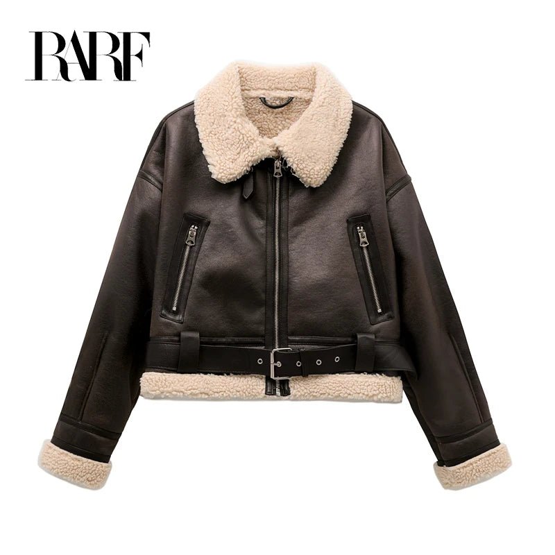 RARF 2024 New Woman's Fashion Thick Warm Faux Shearling Jacket Coat Vintage Long Sleeve Belt Hem Female Outerw - MAGUSTA BEAUTY