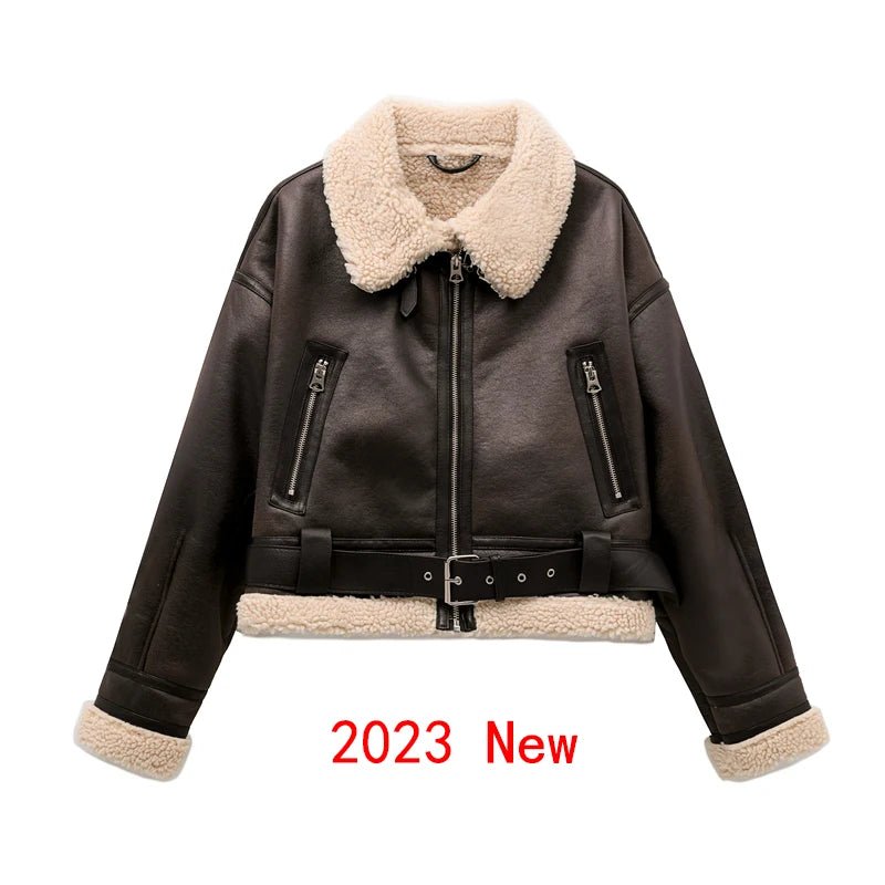 RARF 2024 New Woman's Fashion Thick Warm Faux Shearling Jacket Coat Vintage Long Sleeve Belt Hem Female Outerw - MAGUSTA BEAUTY