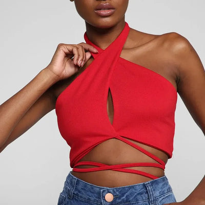 Red Bandage Sexy Y2K Halter Cross Wrap Deep V Neck Crop Tops Women Backless Camis Female Sleeveless Cropped 2023 Summer New Tank - MAGUSTA BEAUTY