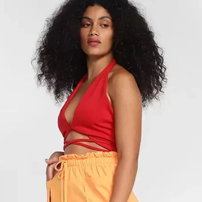 Red Bandage Sexy Y2K Halter Cross Wrap Deep V Neck Crop Tops Women Backless Camis Female Sleeveless Cropped 2023 Summer New Tank - MAGUSTA BEAUTY