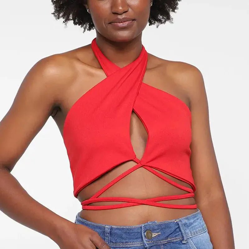 Red Bandage Sexy Y2K Halter Cross Wrap Deep V Neck Crop Tops Women Backless Camis Female Sleeveless Cropped 2023 Summer New Tank - MAGUSTA BEAUTY