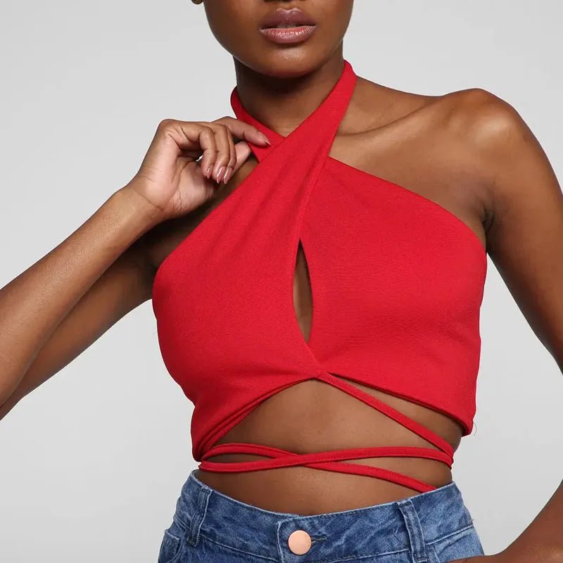 Red Bandage Sexy Y2K Halter Cross Wrap Deep V Neck Crop Tops Women Backless Camis Female Sleeveless Cropped 2023 Summer New Tank - MAGUSTA BEAUTY