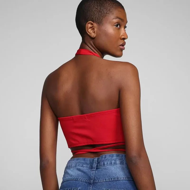 Red Bandage Sexy Y2K Halter Cross Wrap Deep V Neck Crop Tops Women Backless Camis Female Sleeveless Cropped 2023 Summer New Tank - MAGUSTA BEAUTY