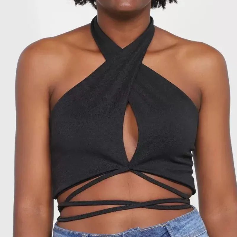 Red Bandage Sexy Y2K Halter Cross Wrap Deep V Neck Crop Tops Women Backless Camis Female Sleeveless Cropped 2023 Summer New Tank - MAGUSTA BEAUTY