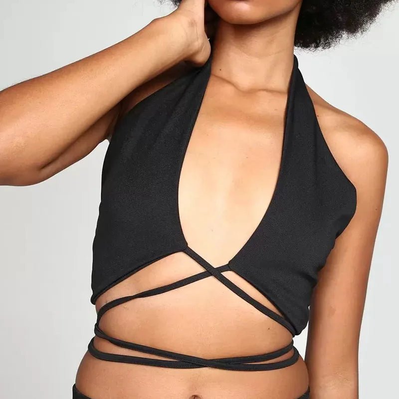 Red Bandage Sexy Y2K Halter Cross Wrap Deep V Neck Crop Tops Women Backless Camis Female Sleeveless Cropped 2023 Summer New Tank - MAGUSTA BEAUTY