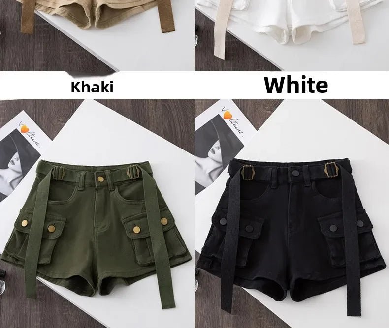 Retro Army Green Work Wear Denim Shorts New Summer Cool Girl Chic Belt Pocket Design High Waist Dance Ultra Short Hot Pants - MAGUSTA BEAUTY