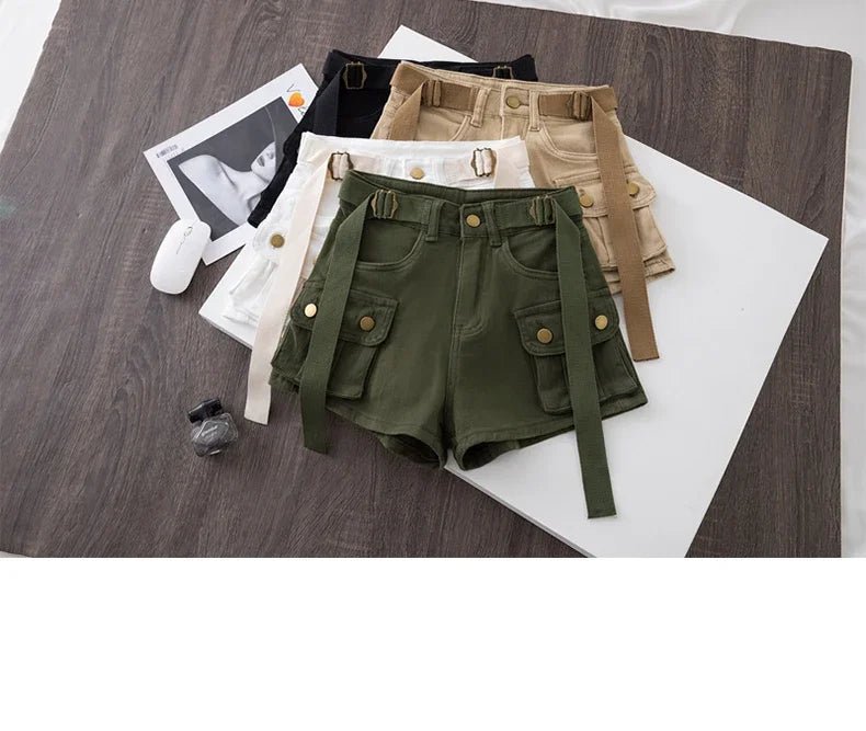 Retro Army Green Work Wear Denim Shorts New Summer Cool Girl Chic Belt Pocket Design High Waist Dance Ultra Short Hot Pants - MAGUSTA BEAUTY