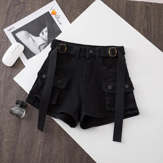 Retro Army Green Work Wear Denim Shorts New Summer Cool Girl Chic Belt Pocket Design High Waist Dance Ultra Short Hot Pants - MAGUSTA BEAUTY