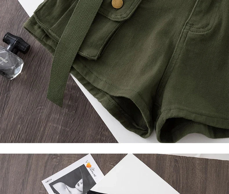 Retro Army Green Work Wear Denim Shorts New Summer Cool Girl Chic Belt Pocket Design High Waist Dance Ultra Short Hot Pants - MAGUSTA BEAUTY