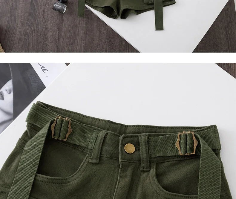 Retro Army Green Work Wear Denim Shorts New Summer Cool Girl Chic Belt Pocket Design High Waist Dance Ultra Short Hot Pants - MAGUSTA BEAUTY