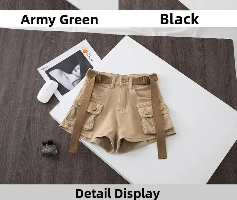 Retro Army Green Work Wear Denim Shorts New Summer Cool Girl Chic Belt Pocket Design High Waist Dance Ultra Short Hot Pants - MAGUSTA BEAUTY
