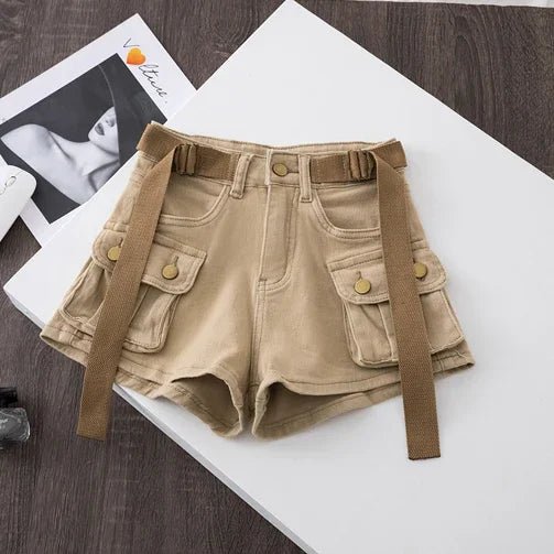Retro Army Green Work Wear Denim Shorts New Summer Cool Girl Chic Belt Pocket Design High Waist Dance Ultra Short Hot Pants - MAGUSTA BEAUTY