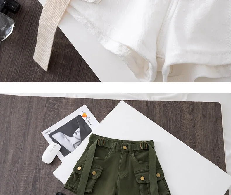 Retro Army Green Work Wear Denim Shorts New Summer Cool Girl Chic Belt Pocket Design High Waist Dance Ultra Short Hot Pants - MAGUSTA BEAUTY