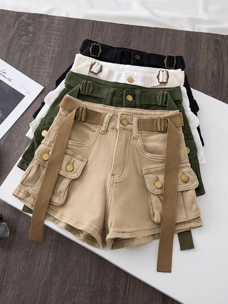 Retro Army Green Work Wear Denim Shorts New Summer Cool Girl Chic Belt Pocket Design High Waist Dance Ultra Short Hot Pants - MAGUSTA BEAUTY