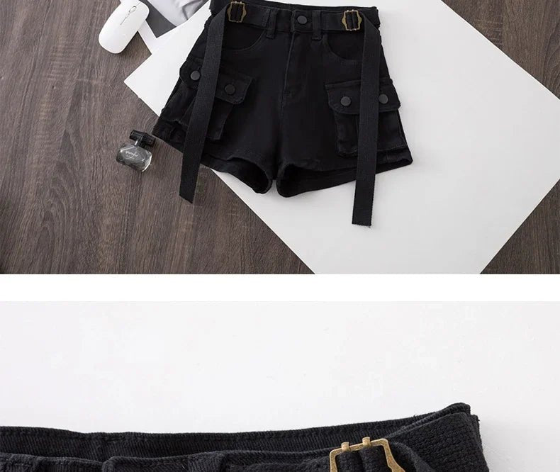 Retro Army Green Work Wear Denim Shorts New Summer Cool Girl Chic Belt Pocket Design High Waist Dance Ultra Short Hot Pants - MAGUSTA BEAUTY