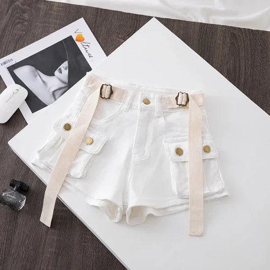 Retro Army Green Work Wear Denim Shorts New Summer Cool Girl Chic Belt Pocket Design High Waist Dance Ultra Short Hot Pants - MAGUSTA BEAUTY