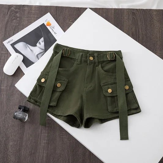 Retro Army Green Work Wear Denim Shorts New Summer Cool Girl Chic Belt Pocket Design High Waist Dance Ultra Short Hot Pants - MAGUSTA BEAUTY