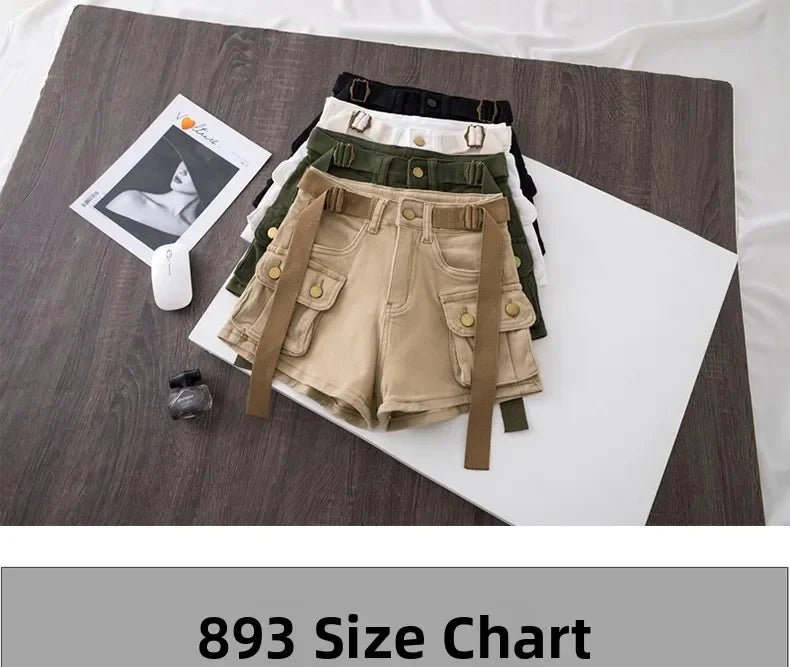 Retro Army Green Work Wear Denim Shorts New Summer Cool Girl Chic Belt Pocket Design High Waist Dance Ultra Short Hot Pants - MAGUSTA BEAUTY