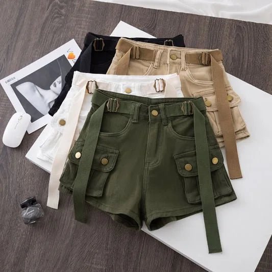 Retro Army Green Work Wear Denim Shorts New Summer Cool Girl Chic Belt Pocket Design High Waist Dance Ultra Short Hot Pants - MAGUSTA BEAUTY