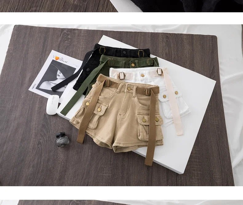 Retro Army Green Work Wear Denim Shorts New Summer Cool Girl Chic Belt Pocket Design High Waist Dance Ultra Short Hot Pants - MAGUSTA BEAUTY