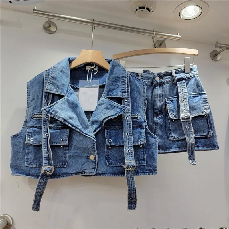 Retro Denim Sexy Two Piece Set Women Cargo Skirt Outfits 2026 Fashion Ladies Pockets Buckle Cropped Jackets and Mini Skirts Suit - MAGUSTA BEAUTY