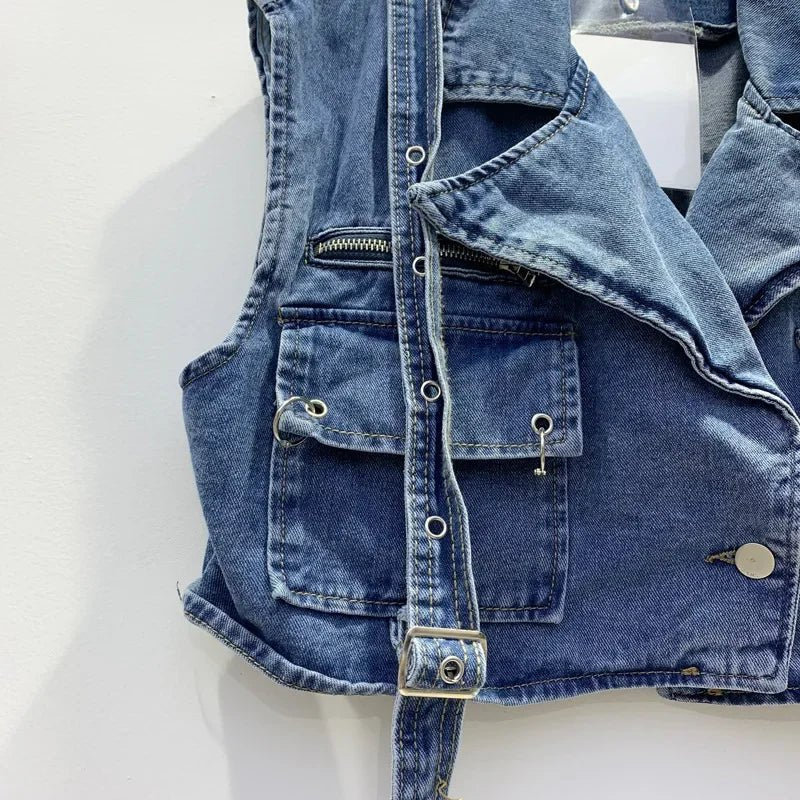 Retro Denim Sexy Two Piece Set Women Cargo Skirt Outfits 2026 Fashion Ladies Pockets Buckle Cropped Jackets and Mini Skirts Suit - MAGUSTA BEAUTY