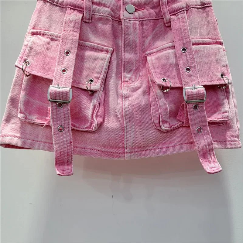 Retro Denim Sexy Two Piece Set Women Cargo Skirt Outfits 2026 Fashion Ladies Pockets Buckle Cropped Jackets and Mini Skirts Suit - MAGUSTA BEAUTY