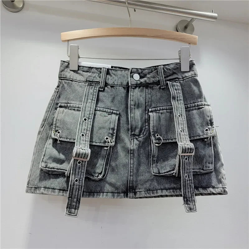 Retro Denim Sexy Two Piece Set Women Cargo Skirt Outfits 2026 Fashion Ladies Pockets Buckle Cropped Jackets and Mini Skirts Suit - MAGUSTA BEAUTY