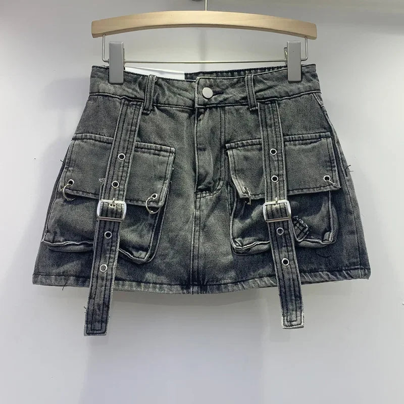 Retro Denim Sexy Two Piece Set Women Cargo Skirt Outfits 2026 Fashion Ladies Pockets Buckle Cropped Jackets and Mini Skirts Suit - MAGUSTA BEAUTY