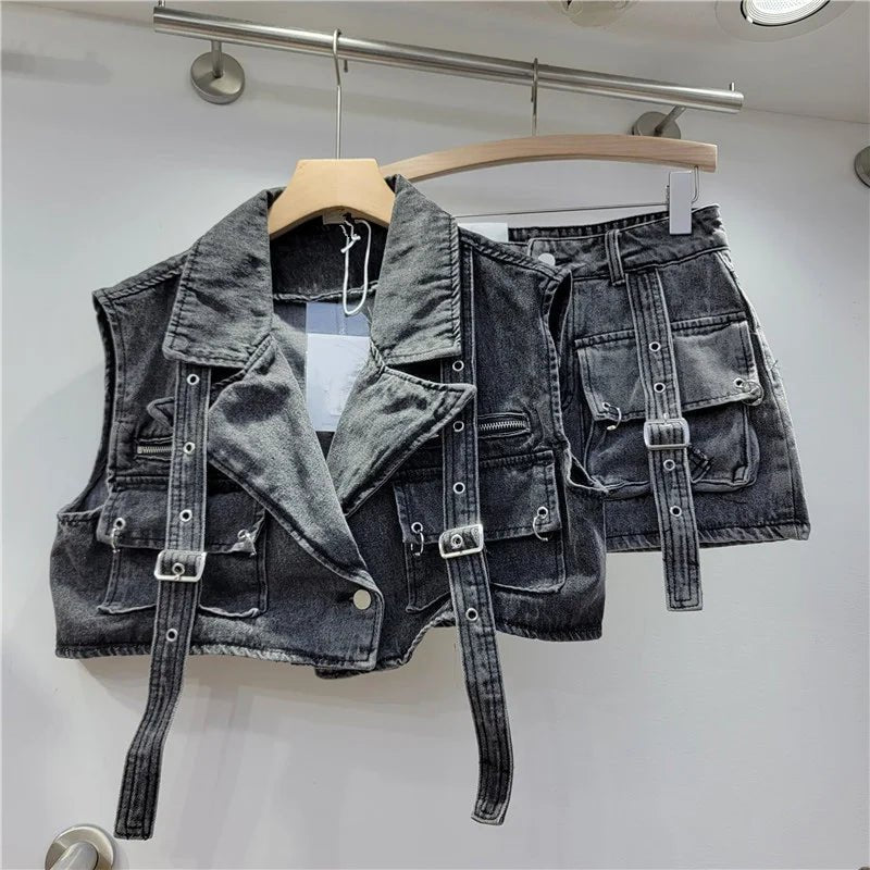 Retro Denim Sexy Two Piece Set Women Cargo Skirt Outfits 2026 Fashion Ladies Pockets Buckle Cropped Jackets and Mini Skirts Suit - MAGUSTA BEAUTY