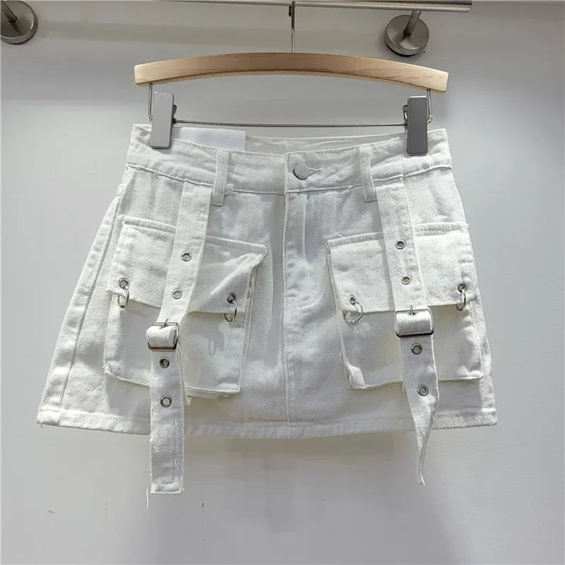 Retro Denim Sexy Two Piece Set Women Cargo Skirt Outfits 2026 Fashion Ladies Pockets Buckle Cropped Jackets and Mini Skirts Suit - MAGUSTA BEAUTY