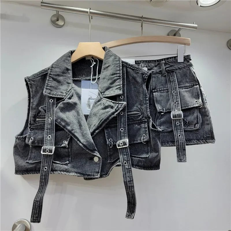 Retro Denim Sexy Two Piece Set Women Cargo Skirt Outfits 2026 Fashion Ladies Pockets Buckle Cropped Jackets and Mini Skirts Suit - MAGUSTA BEAUTY