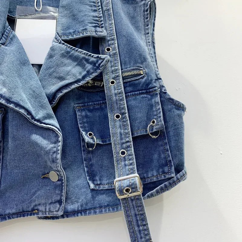 Retro Denim Sexy Two Piece Set Women Cargo Skirt Outfits 2026 Fashion Ladies Pockets Buckle Cropped Jackets and Mini Skirts Suit - MAGUSTA BEAUTY