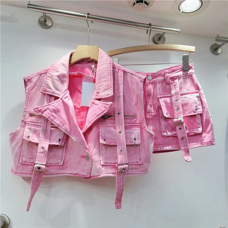 Retro Denim Sexy Two Piece Set Women Cargo Skirt Outfits 2026 Fashion Ladies Pockets Buckle Cropped Jackets and Mini Skirts Suit - MAGUSTA BEAUTY