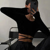 Sexy Backless Lace ups Pullover Tees Women Autumn Black O-neck Slim Longsleeve Short T-Shirt - MAGUSTA BEAUTY