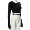 Sexy Backless Lace ups Pullover Tees Women Autumn Black O-neck Slim Longsleeve Short T-Shirt - MAGUSTA BEAUTY