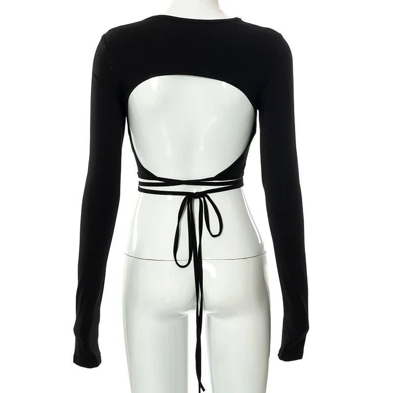 Sexy Backless Lace ups Pullover Tees Women Autumn Black O-neck Slim Longsleeve Short T-Shirt - MAGUSTA BEAUTY