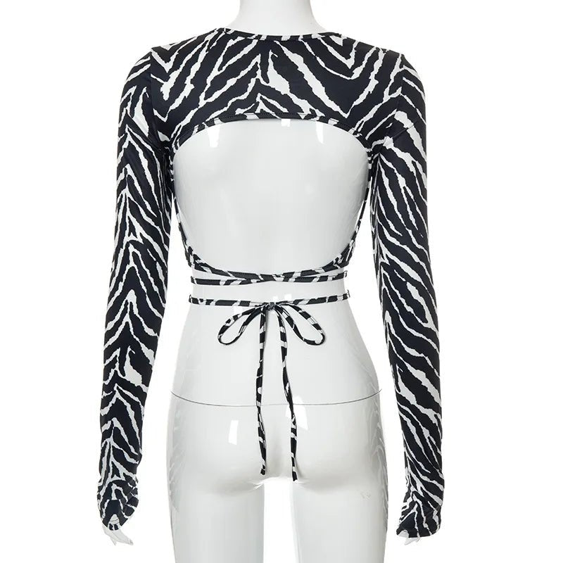 Sexy Backless Lace ups Pullover Tees Women Autumn Black O-neck Slim Longsleeve Short T-Shirt - MAGUSTA BEAUTY